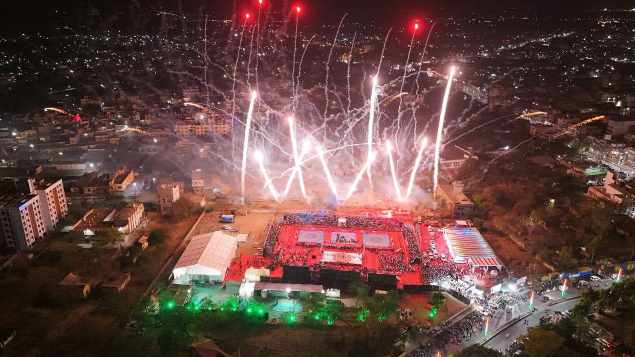 Aerial view of the Kasaba Jadhav Wrestling Tournament Grounds with pyrotechnics